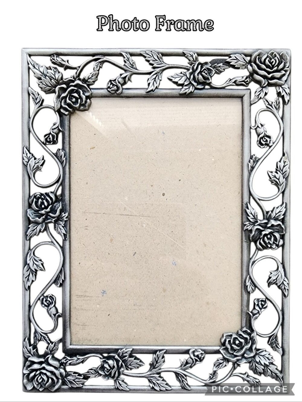 Frame photo silver tone filgree flower leaf & vine design glass front